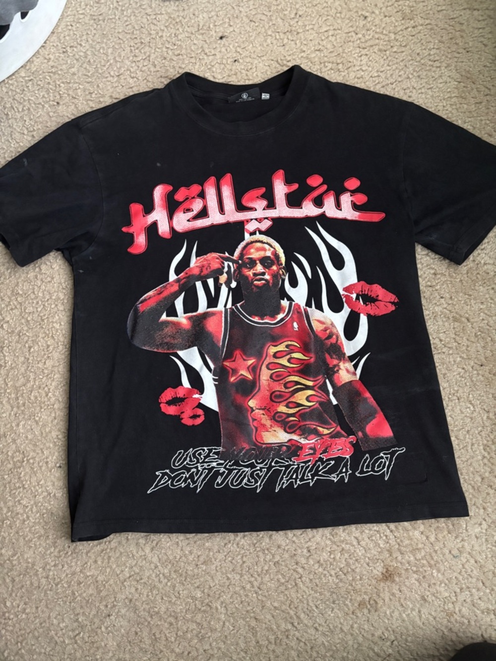 Black Graphic Short Sleeve Tee with Red Flame Design